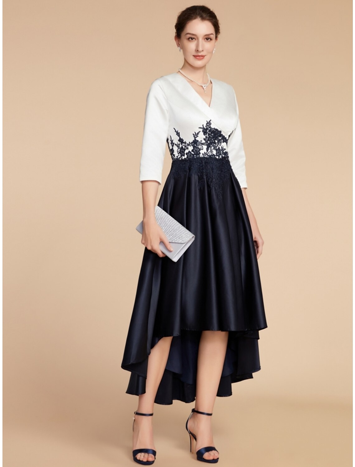 Wholesale A-Line Mother of the Bride Dress Wedding Guest Elegant Petite V Neck Asymmetrical Satin Lace Half Sleeve with Ruching